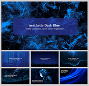 Aesthetic dark blue slides with a central quote, and six smaller dark blue-themed images with various quotes.