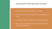 A slide with tips in bullet points for writing an argumentative thesis statement in a tan and green background with a title.