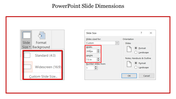 Options for setting slide dimensions in PowerPoint, including standard, widescreen, and custom sizes.