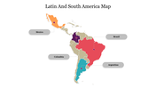 A colorful labeled map of latin and south america highlighting countries such as mexico, colombia, brazil, and argentina.