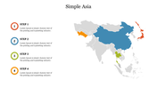 A map of asia highlighting countries in different colors with numbered steps and descriptions on the left.