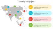 Asia map infographic with colored location markers and four percentage-based caption areas on the right.