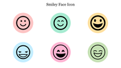 Six smiley face icons showing different expressions in pastel-colored circles, arranged in two rows of three.