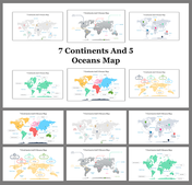 Pack of slides with multiple world maps showing the continents and oceans, using distinct color schemes.