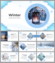 Winter themed slide deck with blue accents, snowflake icons, and images of snowy landscapes, nature, and holiday scenes.