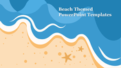 Beach themed PowerPoint template with illustrative blue waves and sandy shore with starfish and pebbles.