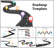 A pack of slides featuring a winding road with five color coded labeled milestones and multiple roadmap designs below.