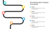 Slide featuring a road infographic with colorful waypoints and placeholders for captions on a white background.