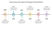 A slide on Como Crear Una Linea De Tiempo En PowerPoint showing key events from 2017 to 2022, captions, and colorful icons.