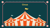 Three circus tents in red and beige stripes, each with flags, framed by a teal background with decorative stars and dots.