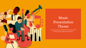 Music presentation slide featuring an abstract design of musicians in vibrant colors with a bold orange background.