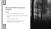 A minimalist black and white slide featuring a foggy forest background and text sections.