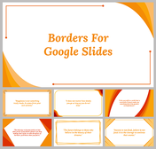 A pack of Google Slides template with orange borders and wavy accents, featuring various slide designs and a title.