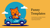 Illustration of a joyful orange cat in a car, with clouds and a blue circular accent, on a yellow background.