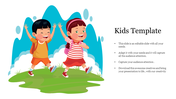 Illustration of two children with backpacks running on grass in front of a blue cloud, with text on the right.