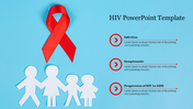 Blue-themed slide on HIV progression with a prominent red ribbon, paper cutouts, and three stages with icons, and text area.