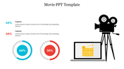 Movie template with pie charts, captions, a laptop showing a clapperboard, and a vintage film camera illustration.