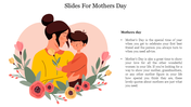 Mother's day slide with a mother hugging her child, surrounded by flowers, and text highlighting the day's importance.