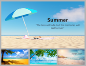 Summer template featuring a beach scene with an umbrella, towel, and hat, alongside a quote with beach visuals.