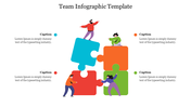 Team collaboration infographic slide with four individuals assembling colorful puzzle pieces with text captions.