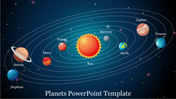 Illustrated dark-themed solar system diagram slide showing nine planets orbiting the Sun, labeled with their names.