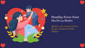 Mother and child on a red heart with flowers, and text celebrating Plantillas PPT Dia De La Madre on a dark background.