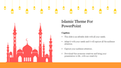 Islamic-themed slide with a red mosque silhouette at the bottom, yellow lanterns hanging from the top, and placeholder text.