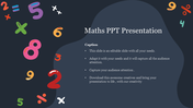 Math-themed slide with colorful numbers and mathematical symbols on a dark background with text area.