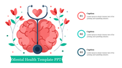 Slide design for mental health presentations with a brain, heart, and stethoscope surrounded by flowers and captions.