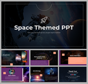 Slide deck with astronaut images and showcasing planets, space missions, and telescopes, on dark space background.