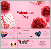 Valentine's day themed slide deck showcasing romantic visuals like roses, hearts, and gift boxes for celebrating love.