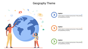 Geography theme with a teacher points at a globe with a student and three sections with arrows and placeholder text.