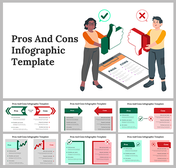 Slide pack with pros and cons infographics with icons, arrows, and illustrations of a checklist, in green and red accents.