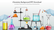 Illustration of a chemistry experiment with flasks, beakers, and test tubes containing different colored substances.