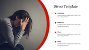 Slide featuring an image of a distressed woman holding her head and a list of stress factors with placeholder text.