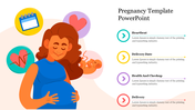 Illustration of a pregnant woman with icons for captions representing heartbeat, delivery date, health check-up, and delivery.