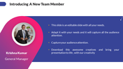 An introduction slide for team member with a photo in pink circular frame on left, name, title and caption in bullet points.