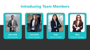 Team introduction slide featuring four members with their photos, names, and titles, framed in teal boxes.