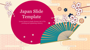 Japanese-themed slide featuring a pink circle, cherry blossoms, and an open fan on a patterned background.