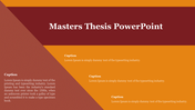 A divided masters thesis slide with contrasting shades of red, orange, and brown, featuring multiple caption placeholders.