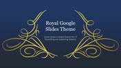 Slide with a royal dark blue theme, showcasing intricate gold decorative patterns with a title and caption area at center.