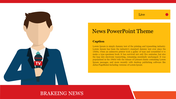 Illustration of a news presenter in a suit with a breaking news banner and text description on a yellow box.