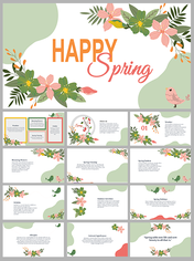 Slide deck with floral illustrations on a soft green and white background, featuring various spring related topics.