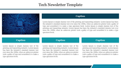 Technology-themed newsletter template with a blue circuit board image on the left and multiple text sections in  teal boxes.