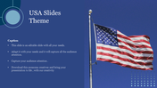 USA-themed slide with a waving American flag on the right and placeholder text areas on a blue background on the left.