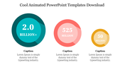 Cool animated slide with three colorful circular statistics showcasing numbers with accompanying captions.