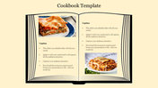 An open book style slide design with images of lasagna and text caption sections.