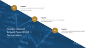 PowerPoint slide showing a sample annual report with percentage data and a financial graph with captions.