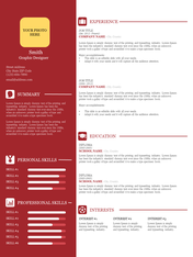 CV template in red and white, with placeholders for photo, summary, skills, experience, and education.