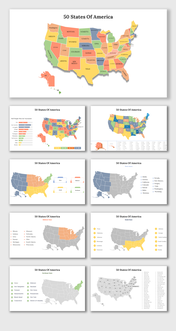 50 states of America slide deck with colorful maps highlighting regions, state names, and vaccination data.